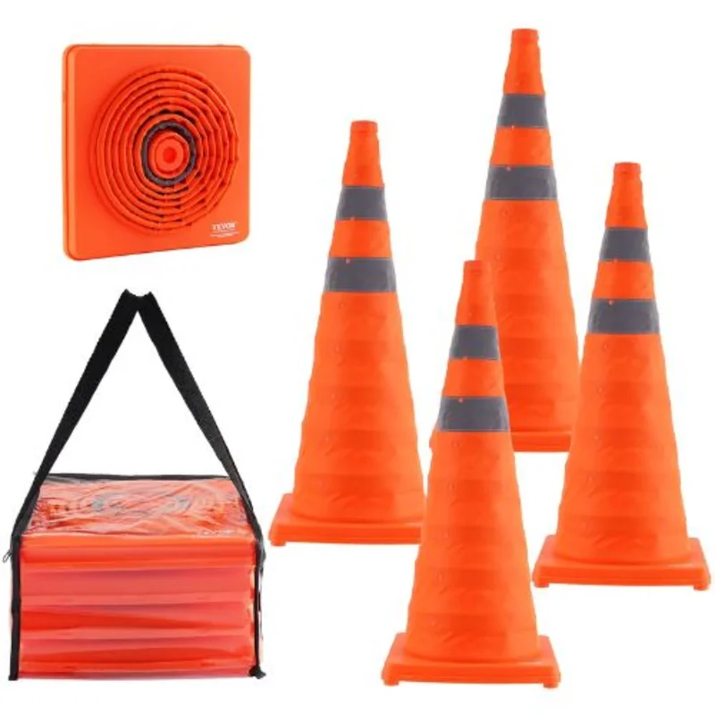 28" Collapsible Traffic Cones 4 Pack with Reflective Collars & Storage Bag