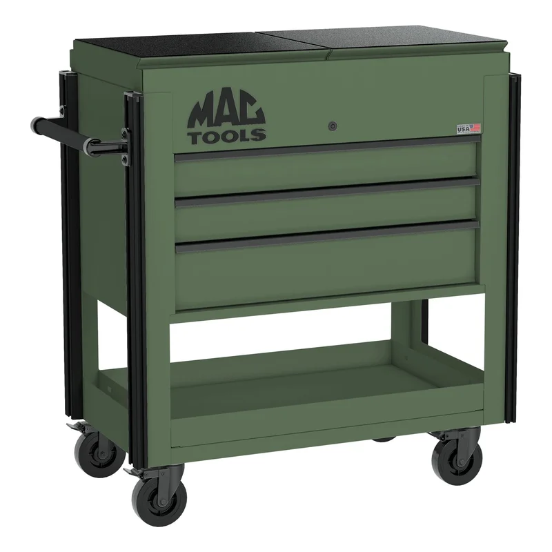 3-Drawer Utility Cart w/ Split Sliding Lid - Olive Green