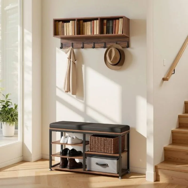 3-in-1 Coat Rack Shoe Bench with Hooks & Shelf  Rustic Brown Steel Hall Tree for Entry Bedroom Closet Office