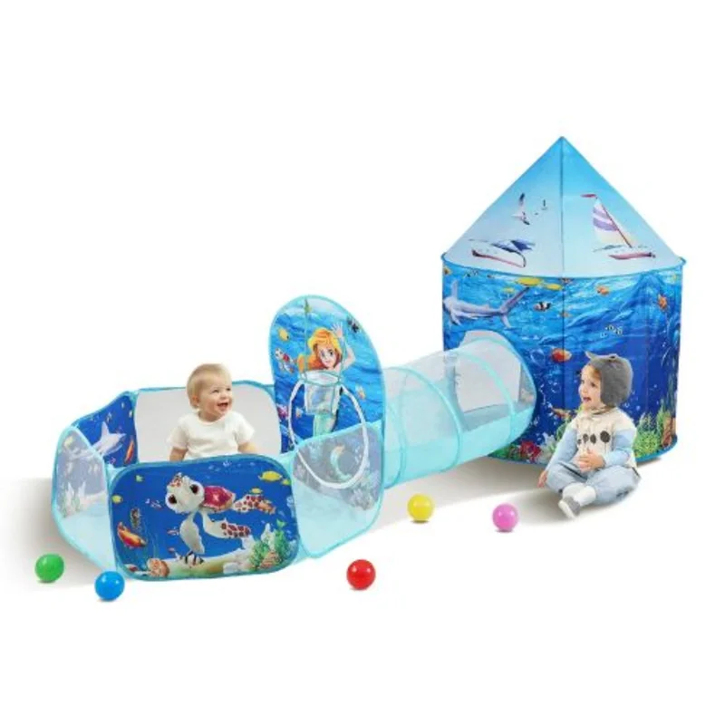 3-in-1 Kids Play Tent with Tunnel & Basketball Hoop Indoor/Outdoor Playhouse Blue Ocea Includes Carrying Bag Perfect Birthday Gift