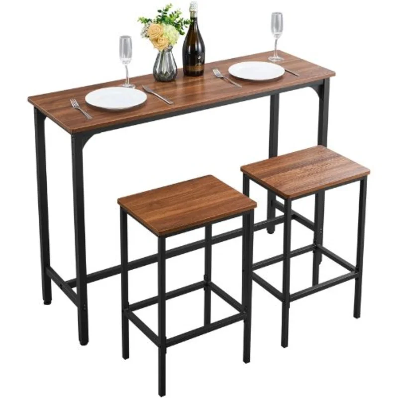 3-Piece Bar Table Set, 47 Rectangular Pub Table with 2 Stools, Rustic Office/Breakfast (Brown & Black)