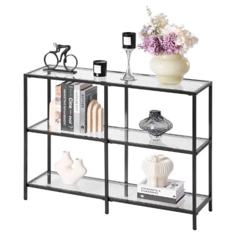 3-Tier Glass Console Table Modern Black Sofa Table with Iron Legs