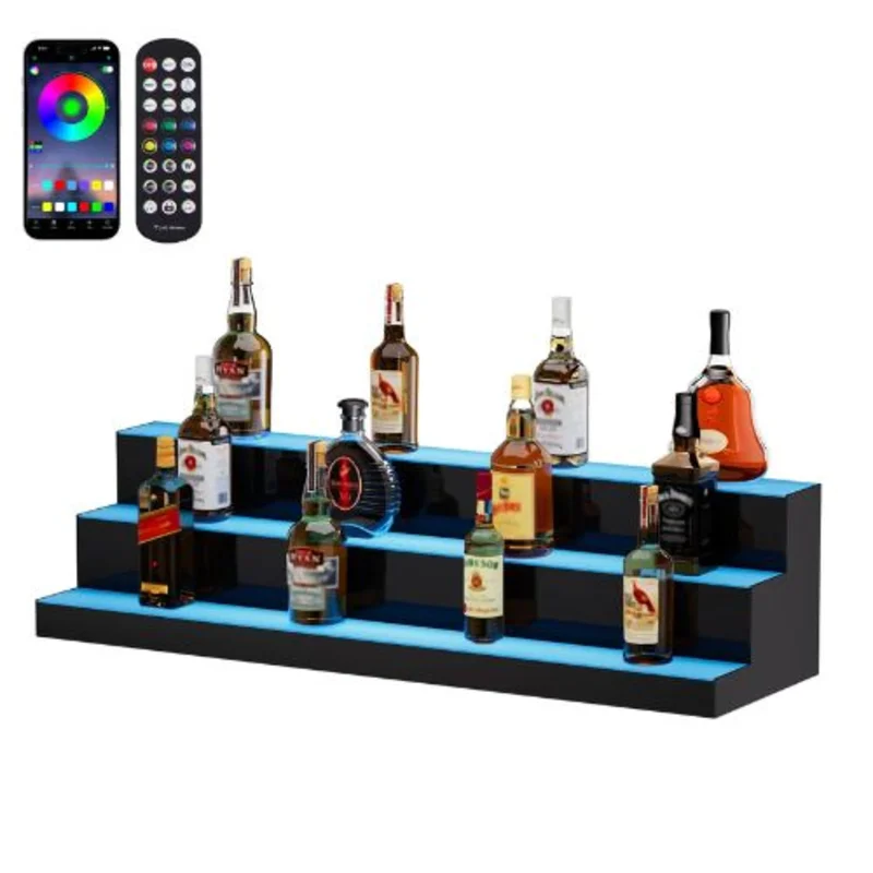 3-Tier LED Liquor Bottle Shelf, 40-Inch Lighted Bar Display with App/RF Remote 7 Colors & Timer Acrylic Illuminated Stand for 30 Bottles