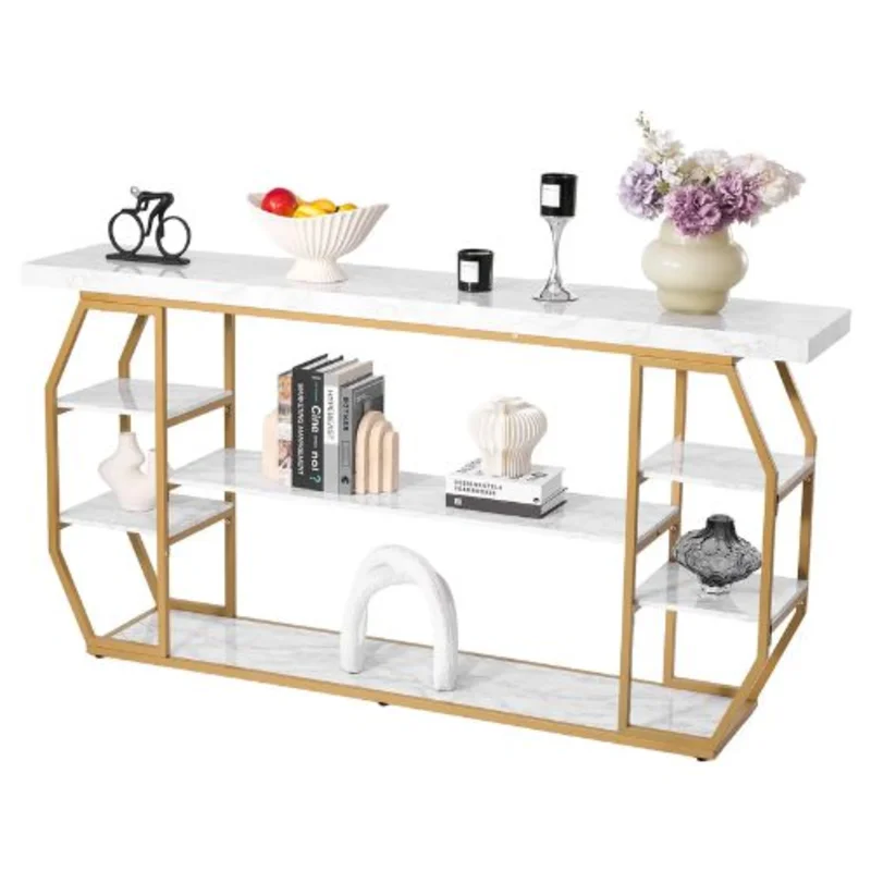 3-Tier Marble Console Table Modern Gold Geometric Storage Stand