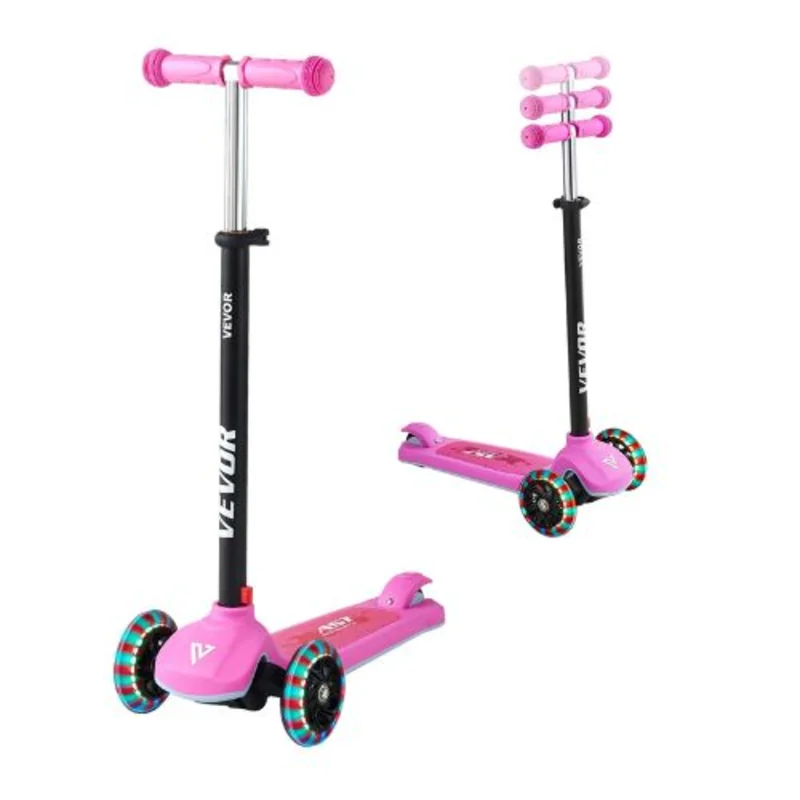 3-Wheel Kick Scooter for Kids 3+ Light-Up Wheels Adjustable Handlebar Anti-Slip Deck Lightweight Aluminum Frame Pink Up to 165 lbs