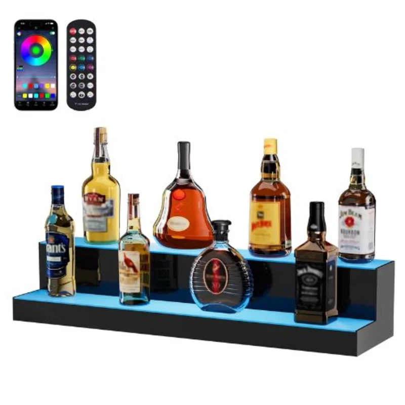 30 Inch LED Lighted Liquor Bottle Display 2 Tiers  with RF Remote & App Control  for Holding 16 Bottles
