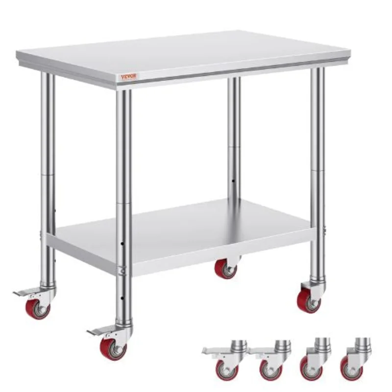 30 X 24 In Stainless Steel Work Table with 4 Wheels  for Commercial Kitchen Restaurant  GZT76X60L