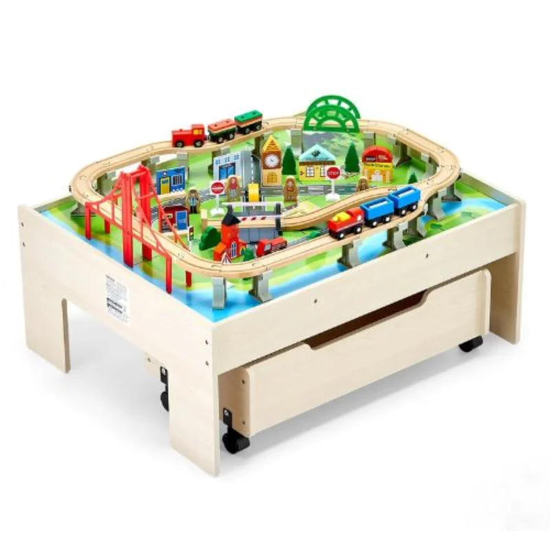 31x25x13 Inch Wooden Train Table Set with Rolling Storage Drawer  3-in-1 Toy for Kids 3+