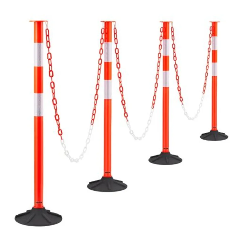 34" Traffic Delineator Posts with Weighted Base Reflective Strips & Chain Red for Construction Site & Parking Lot Safety