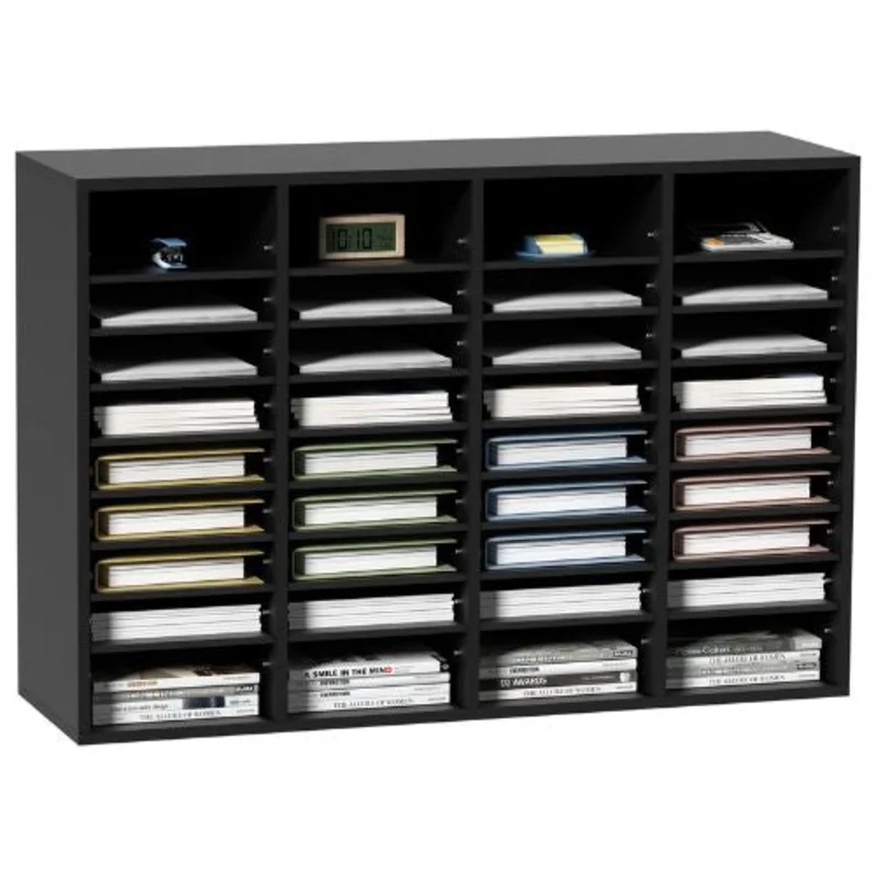 36 Compartments Wood Literature Organizer with Removable Shelves Mailboxes Slot for Office Home Classroom (Black)