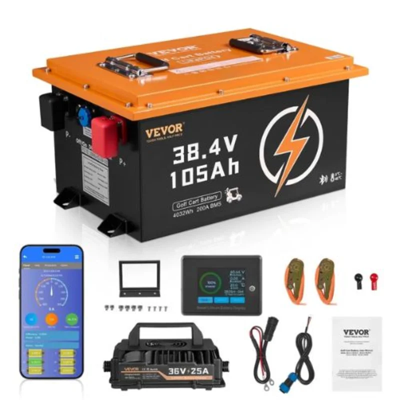 36V 105Ah Golf Cart Lithium Battery 36 Volt Golf Cart Battery with 200A BMS Touch Monitor and Mobile APP LiFePO4 Battery with 600A Peak Current
