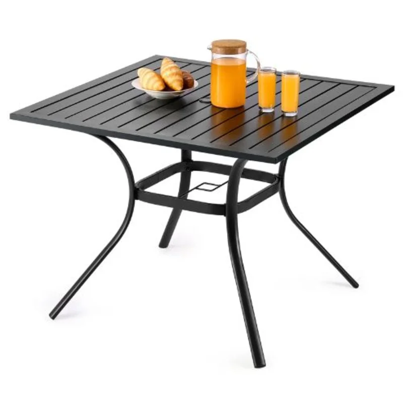 37-Inch Square Metal Bistro Table with Umbrella Hole All-Weather Steel Slat Patio Furniture for Lawn Garden and Porch(Black)