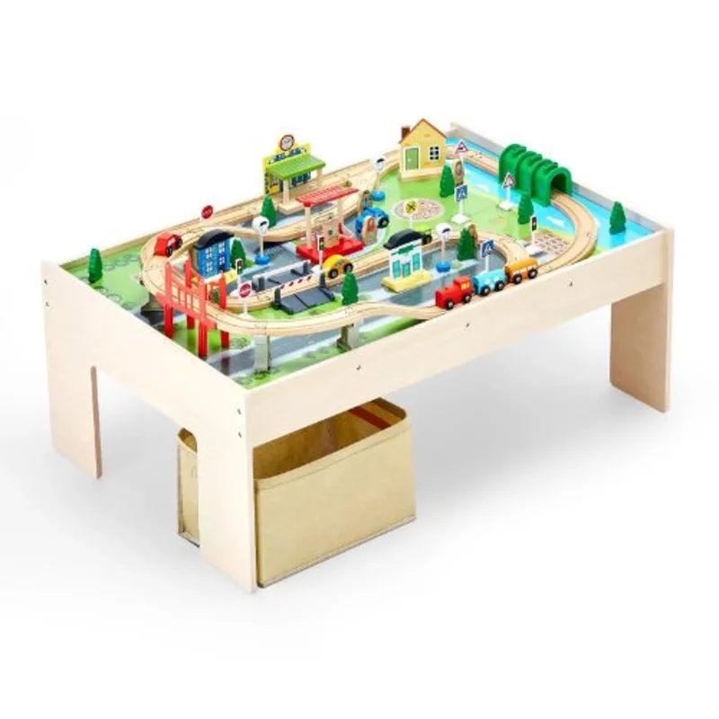 38x24.5x15.5 Inch Wooden Train Table Set with Storage Bin 3-in-1 Toy for Kids 3+