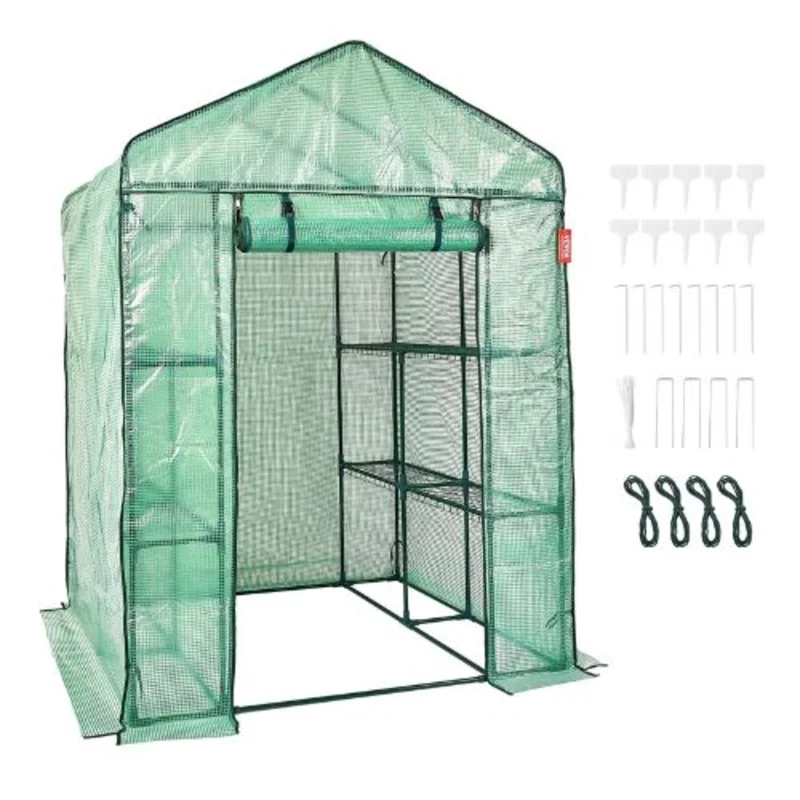 4.6 x 2.4 x 6.7Ft High Strength PE Cover with Zipper Door and Steel Frame Walk-in Green House with Shelves WGH-4724-PE-44