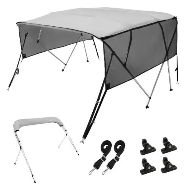 4 Bow Bimini Top Boat Cover 600D Polyester Canopy with Aluminum Frame Detachable Mesh Sidewalls Storage Boot 8 L x 91 -96 W x 54 H (Light Grey)