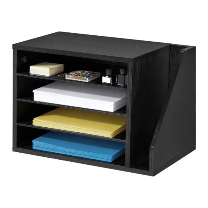 4-Compartment Wooden Literature Organizer Mail Sorter with Side Storage  Black