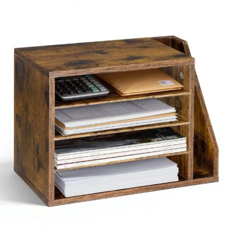 4 Compartments Literature Organizer with Detachable Shelves Wooden Mailbox Sorter for File Document Paper (Brown)