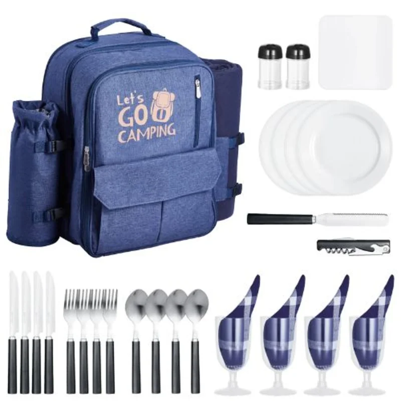 4 Person Picnic Backpack Insulated Cooler Compartment wid Bottle/Wine Holder for Hiking Camping Navy Blue