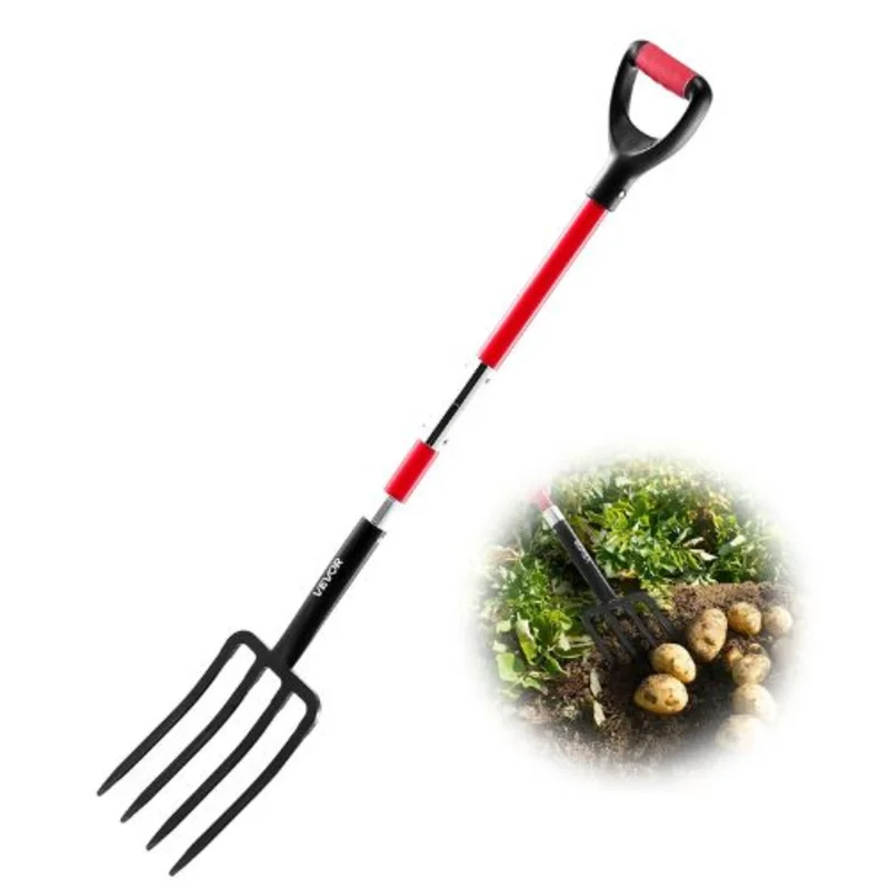 4-Tine Garden Fork Heavy Duty 45" Fiberglass Handle Spading Fork for Digging Composting & Aeration