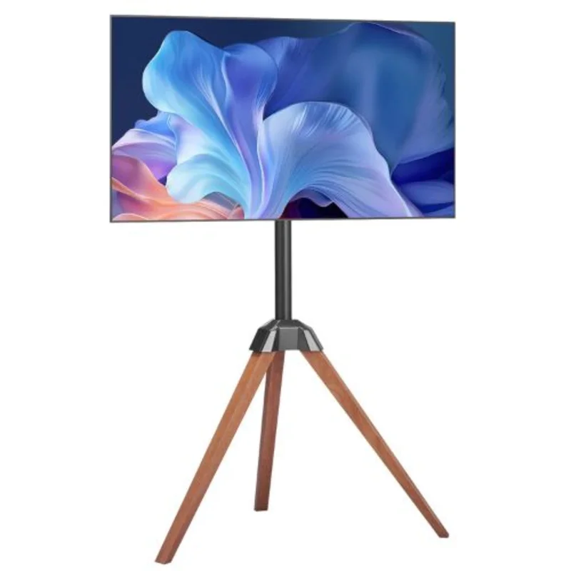 40-65" Tripod Easel TV Stand 18 Left-Right Rotation Portable with Oak Wood Legs for Studio, Home & Office (Three Brackets), No Tray