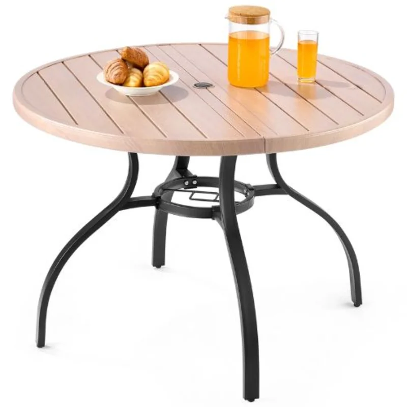 41-Inch Round Wood-Like Steel Slat Bistro Table for 4 with Umbrella Hole  All-Weather Patio Furniture for Lawn Garden and Porch (Gray)