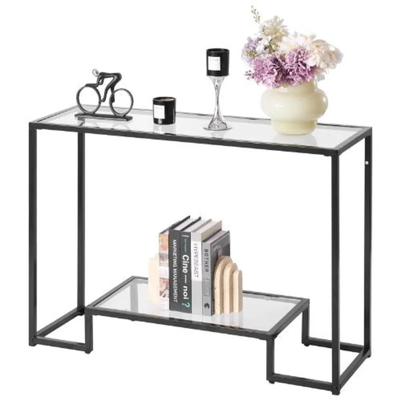 42 inch 2-Tier Glass Console Table  Modern Black Sofa Table with Iron Legs