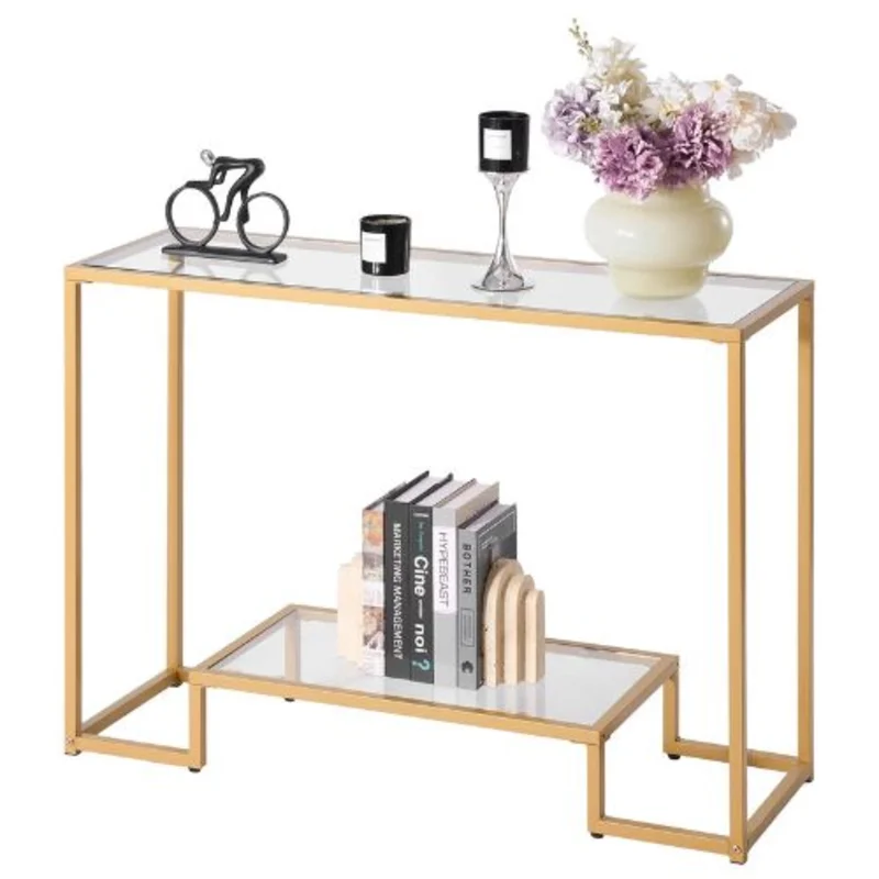 42 Inch Modern Glass Console Table with Tempered Glass Top and Iron Legs for Living Room Hallway Entryway Foyer