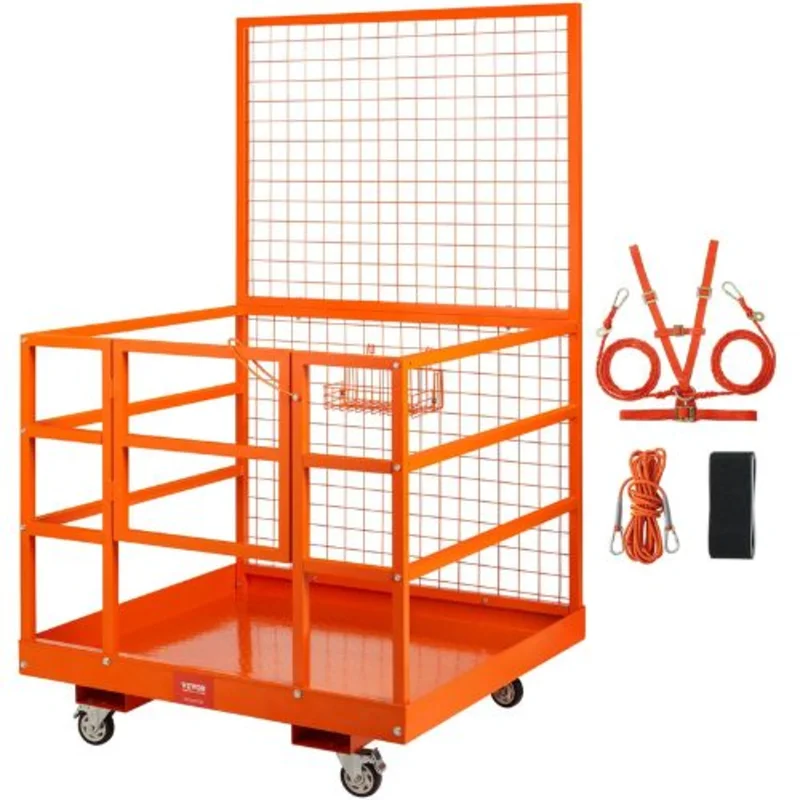 43 x 45 Inch Forklift Safety Cage with Safety Harness & Lock Drain Hole & Wheels & Tool Basket for Aerial Work