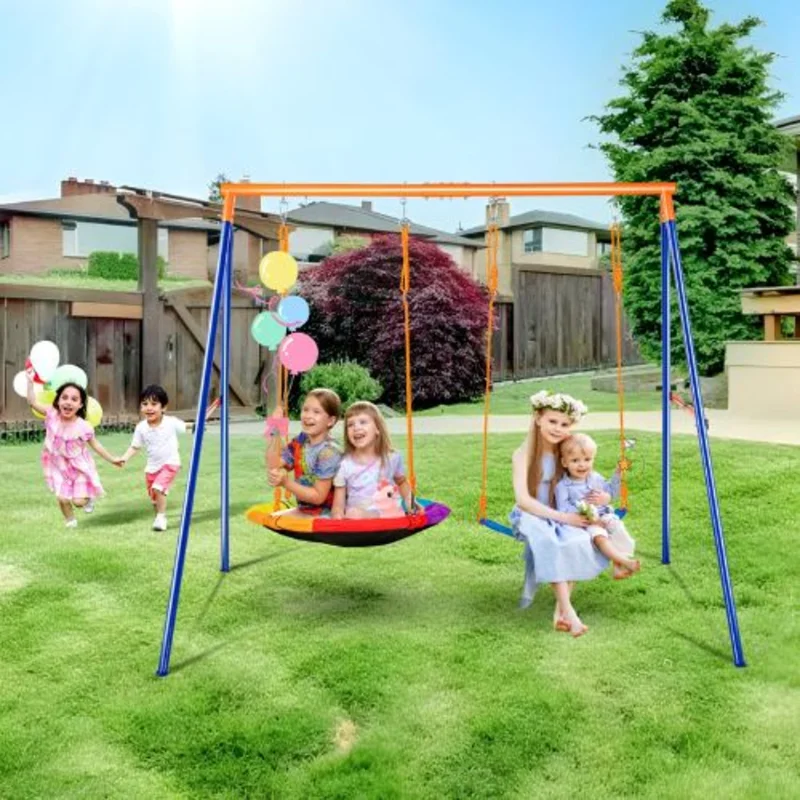 440 lbs Backyard Swing Set Saucer & Belt Seats, Heavy-Duty A-Frame Stand