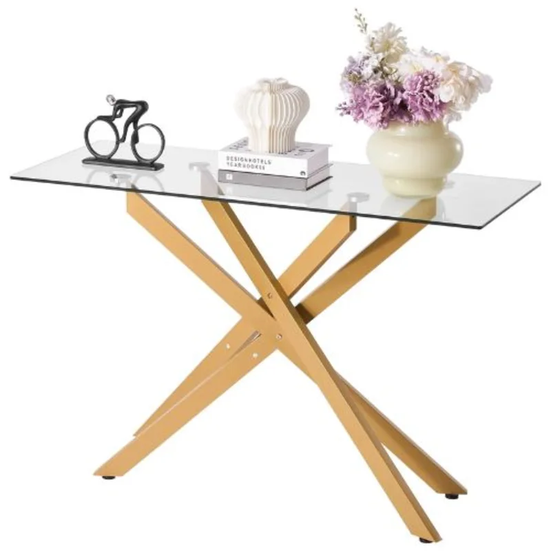 45 Inch Glass Coffee Table Modern Gold Rectangle Table with Cross Iron Legs