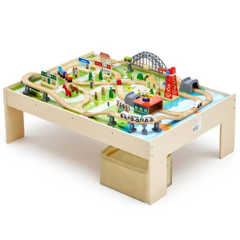 47.4x33.5x16 Inch Wooden Train Table Set with Collapsible Storage Bin 3-in-1 Toy for Kids 3+