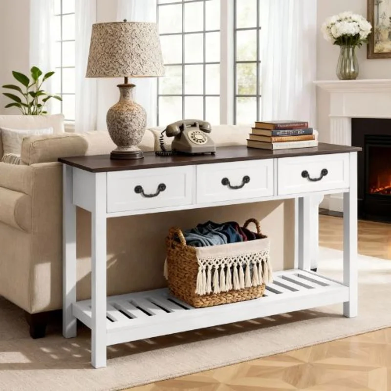 47" Farmhouse Console Table with Drawers & Shelf Narrow Sofa Table, Brown/White