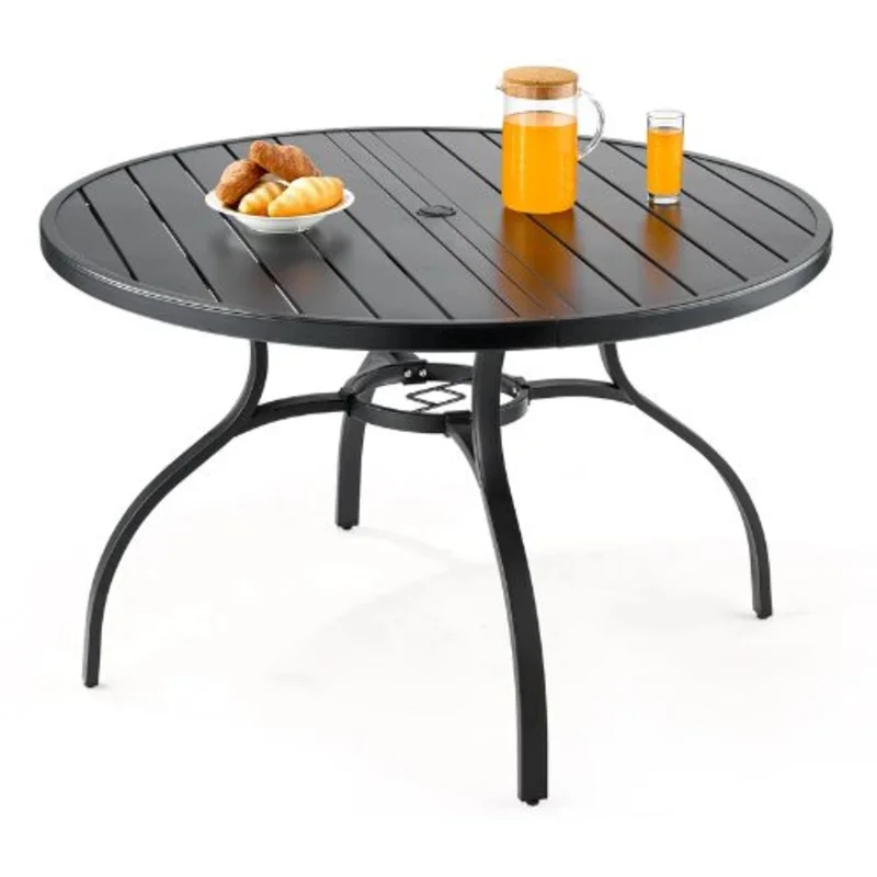 47-Inch Round Metal Bistro Table with Umbrella Hole All-Weather Steel Slat Patio Furniture for Lawn Garden and Porch (Black)
