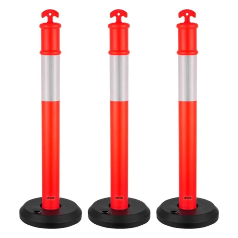 48" Traffic Delineator Posts Safety Cones with Fillable Base & Reflective Strips for Construction & Crowd Control (3 Pack)