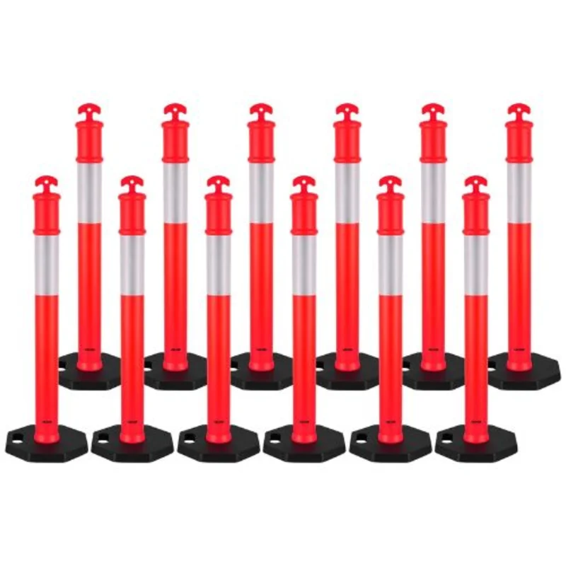 48" Traffic Delineator Posts Safety Cones with Weighted Base & Reflective Strips for Construction & Crowd Control (12 Pack)