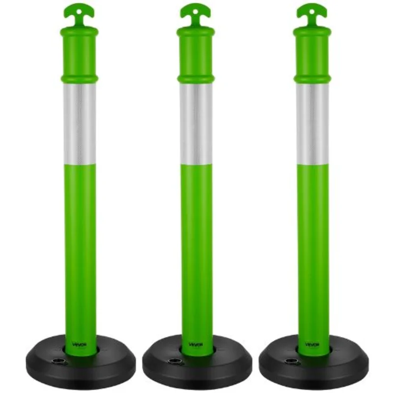 48" Traffic Delineator Posts with Fillable Base & Reflective Strips Green for Construction & Parking Lot Safety
