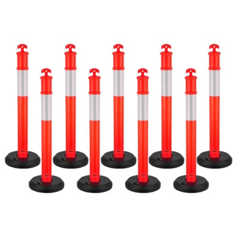 48" Traffic Delineator Posts with Fillable Base & Reflective Strips Red for Construction & Parking Lot Safety