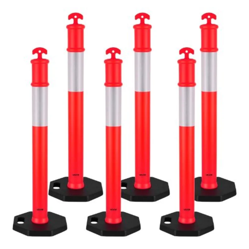 48" Traffic Delineator Posts with Weighted Base & Reflective Strips Red for Construction & Parking Lot Safety (6 Pack)