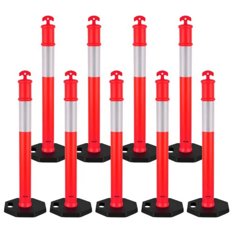 48" Traffic Delineator Posts with Weighted Base & Reflective Strips, Red, for Construction & Parking