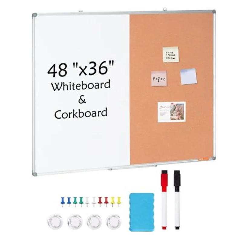 48" x 36" Whiteboard & Cork Board Combo with Aluminum Frame 2-in-1 Magnetic for School Home Office