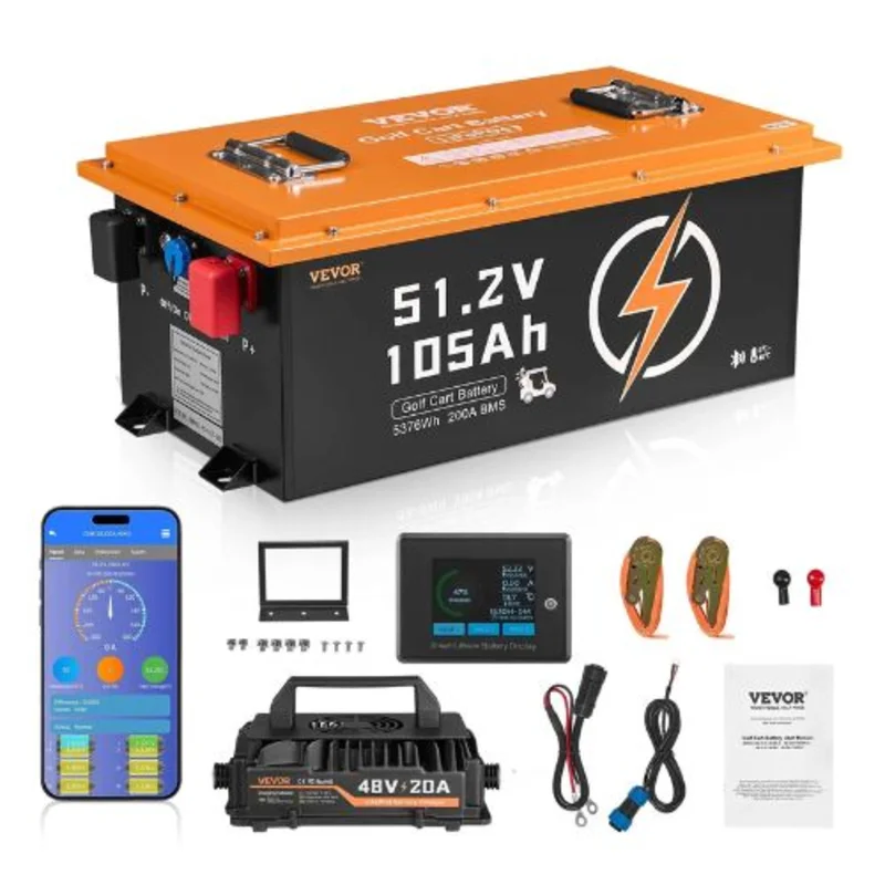 48V 105Ah Golf Cart Lithium Battery 48 Volt Golf Cart Battery with 200A BMS Touch Monitor and Mobile APP Battery with 600A Peak Current