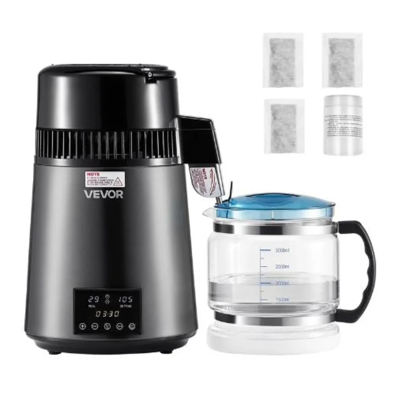 4L Water Distiller 1.1 Gallon Pure Water Purifier for Home 750W Distilled Maker with Glass Pot & Stainless Steel Interior - (Grey)