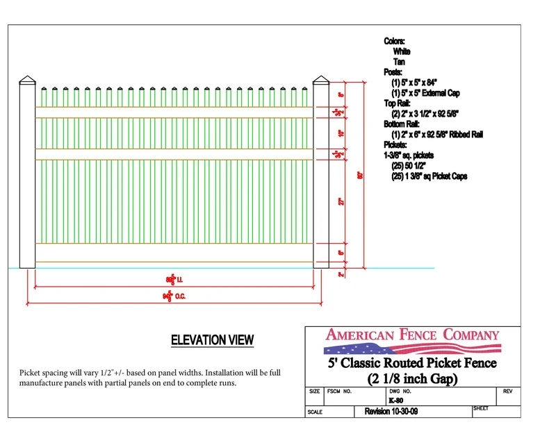 5' Classic Routed Picket Fence Panel, K-80 White