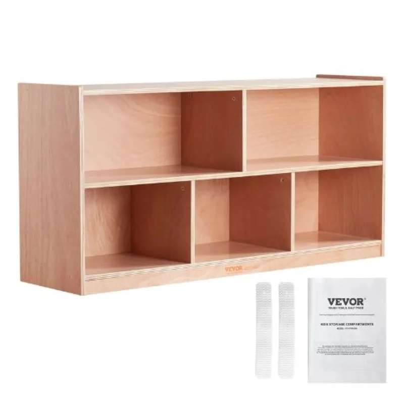 5-Compartment Cubby Mobile Tray Storage Cabinet 2-Shelf Classroom Cubbies (Natural)
