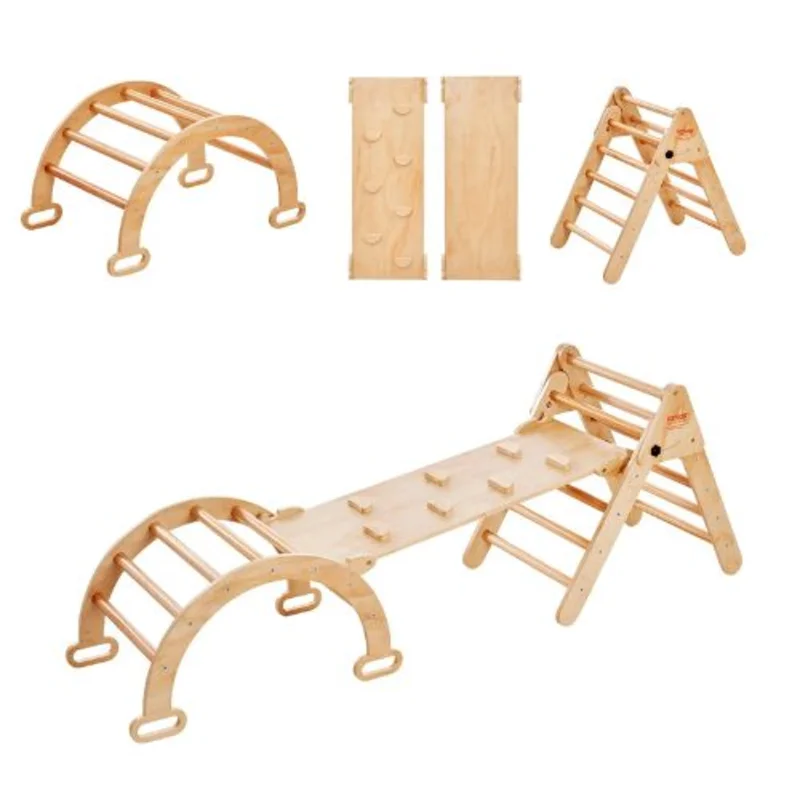 5-in-1 Pikler Triangle Set Medium Wooden Montessori Climbing Gym with Ramp & Arch for Toddlers (13 Years)