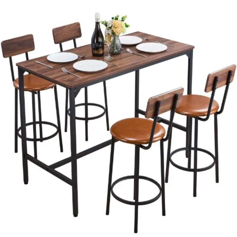 5-Piece Bar Table Set, 47 Rectangular Pub Table with 4 Stools, Rounded Edges Walnut & (Black)