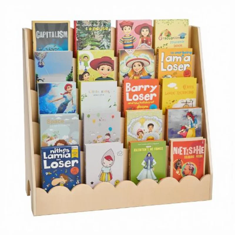 5-Tier Montessori Bookshelf with Scalloped Design and Dual Hooks for Kids Room Living Room Entryway Nursery Preschool