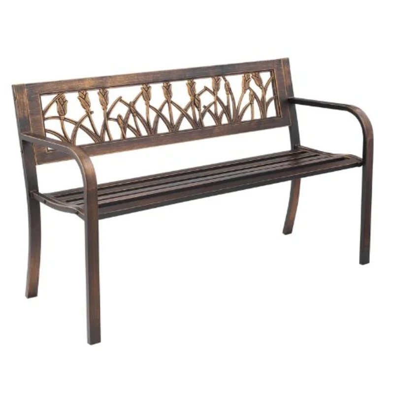 50-Inch Outdoor Bench, Carbon Steel Frame with Floral PVC Backrest  Weatherproof for Patio Garden Park Yard Front Porch Antique Bronze