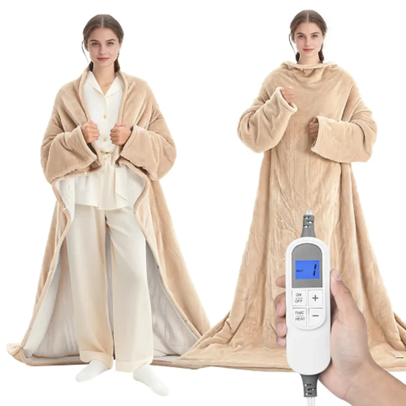 50" x 70" Wearable Heated Blanket with Sleeves & Foot Pocket  10 Heat Levels, 12H Auto-Off, Machine Washable, Beige