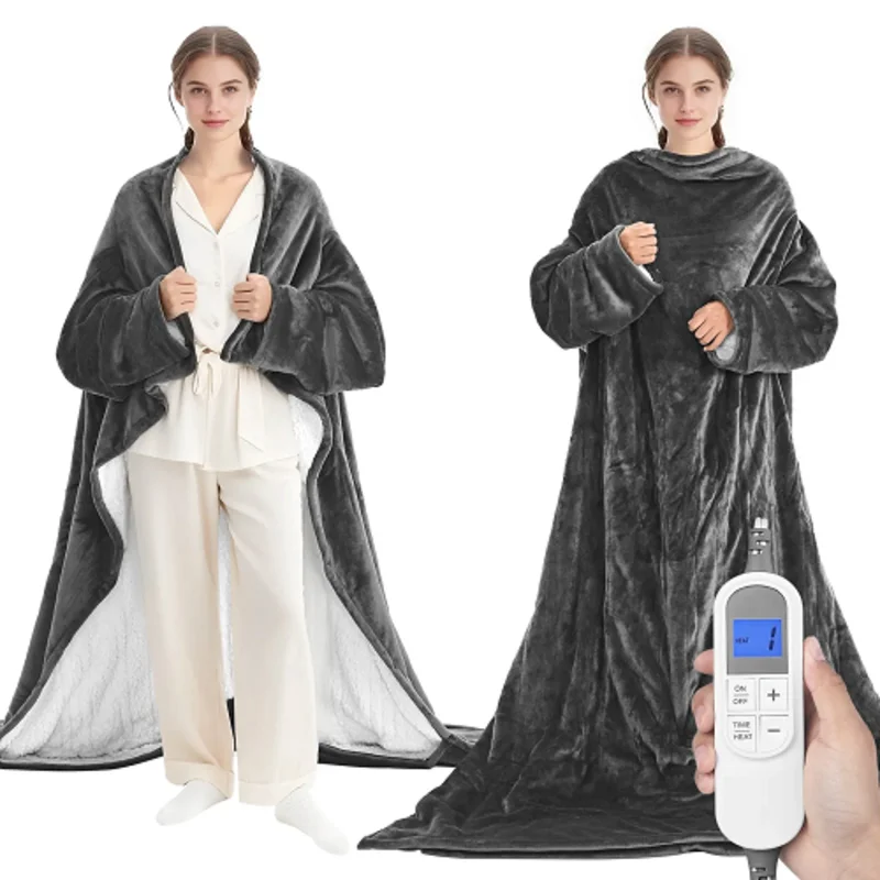 50" x 70" Wearable Heated Blanket with Sleeves & Foot Pocket  10 Heat Levels, 12H Auto-Off, Machine Washable, Grey